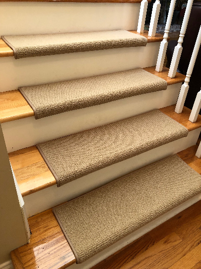 READY TO SHIP 25% OFF! Breckenridge Medium Beige Flat Woven 100% Wool True  Bullnose® Carpet Stair Treads 31″ wide by 10″ deep (Sold Each)