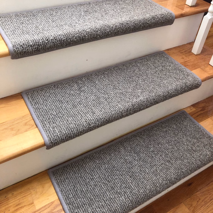 OVER 50% OFF FLASH SALE! Set of 12 Big Sky Light Grey/Medium Grey Wool Blend Padded True Bullnose® Stair Treads 27" Wide x 9.5" Deep (#222)
